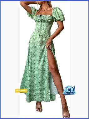 Puff Sleeve Floral Maxi Dress with Front Slit and Backless Design